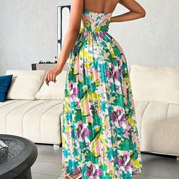 Multicolor Boho Womens Floral Printed Hollow Out Pleated Strapless Dress - Picture 3 of 5